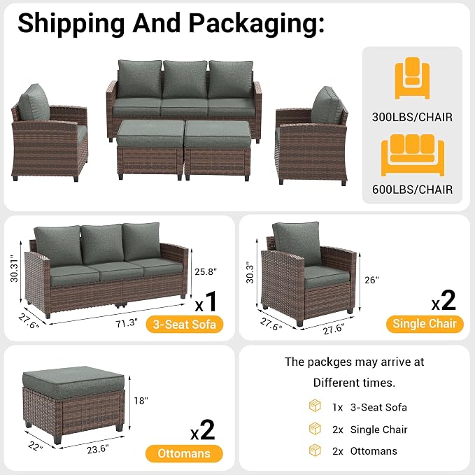 Outdoor Furniture Set, 5 Pcs Wicker Patio Couch with Chairs, Ottomans and Thick Cushions, All Weather Wicker Rattan Patio Conversation Set,Dark Grey