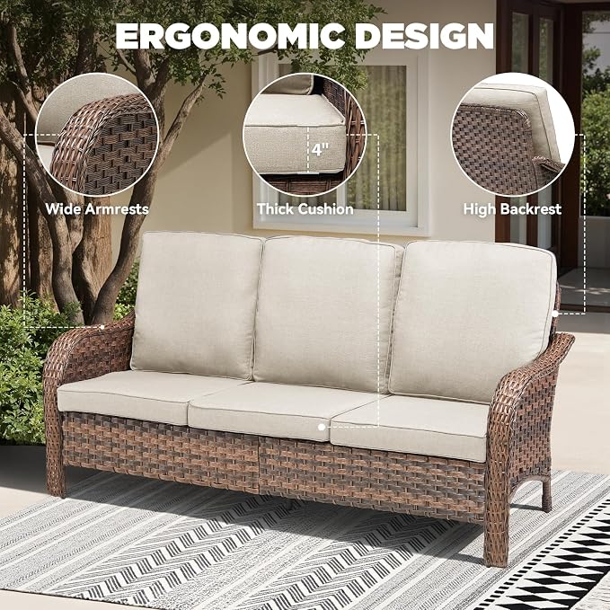 9 PCS Patio Furniture Set, Outdoor Wicker Sofa & 4 Swivel Rocking Chairs with 2 Ottomans & 2 Side Tables, 4-Inch Thick Olefin Cushions, 300 lbs Capacity Rattan Conversation Set for Porch, Beige