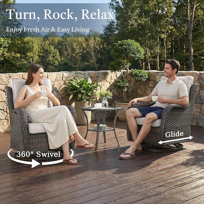 Outdoor Swivel Rocker Patio Chairs with Side Table 3 Pieces PE Wicker Patio Furniture Set for Porch Deck Balcony Garden-Brown/Beige