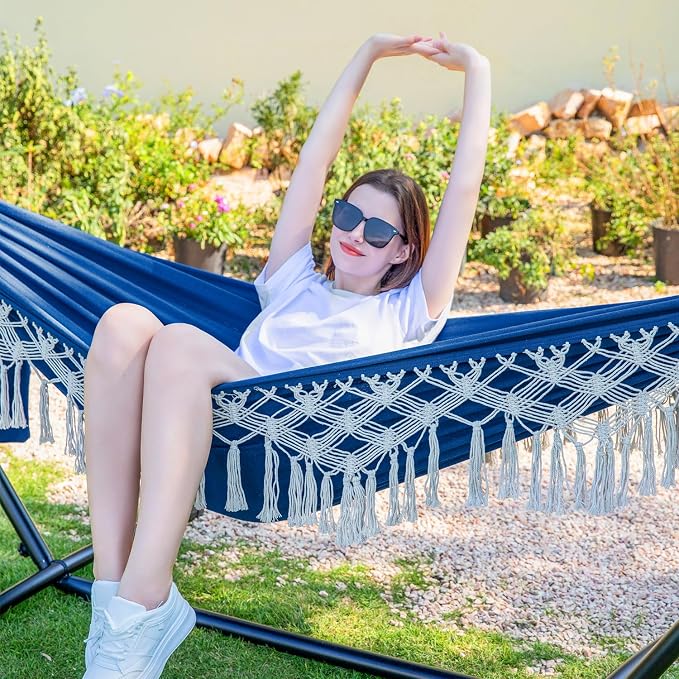 PNAEUT Handmade Tassel Hammocks, Double Hammock with Stand for Outside Indoor Outdoor, Max 450 lbs Capacity, Pillow & Storage Bag (Navy)
