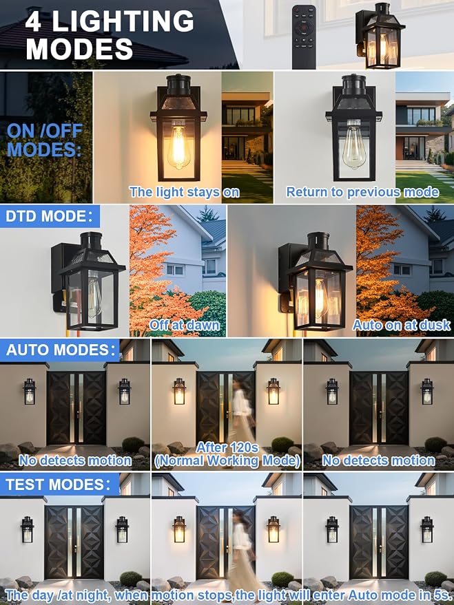 Porch Light with GFCI Outlet and Remote, Motion Sensor, Black, 1 Pack | Dusk to Dawn Motion Sensor Outdoor Light 4 Lighting Modes Exterior Fixture Outside Lights for Porch Garage House