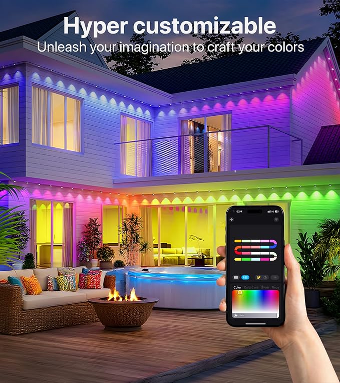 Permanent Outdoor Lights, 150FT RGB+IC Eave Lights with Music Mode | Permanent Outdoor Christmas Lights with RGB+IC Lighting, IP65, App & Remote Control for Eaves, Yard Parties, and Holidays