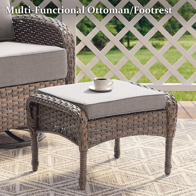 Outdoor Swivel Rocking Chair Patio Set (6-Piece), High-Back - Thick Cushion Swivel Rocking Chair Patio Set, All-Weather Wicker Patio Furniture Set, Suitable for Balcony Patios, Brown/Gery