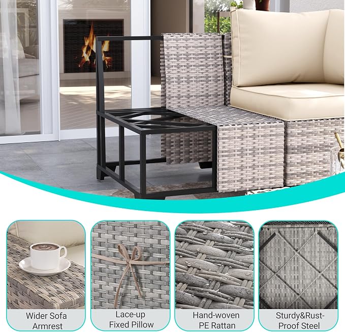 12-Piece Outdoor Patio Furniture Set with Rocking Swivel Chair, PE Wicker Rattan Sectional Sofa 55,000 BTU Fire Pit Table Patio Conversation Set with Ottomans and Chunky Arms,