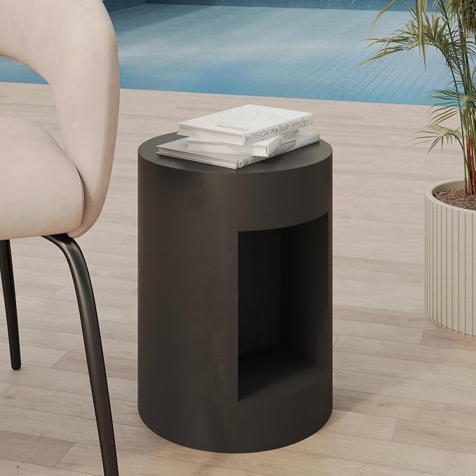LeisureMod 14” Wide Black Round Side Table in Fiberstone with Open Storage, Painted Finish, for Indoor Outdoor Use, Modern Living Room, Bedroom, Patio, Garden