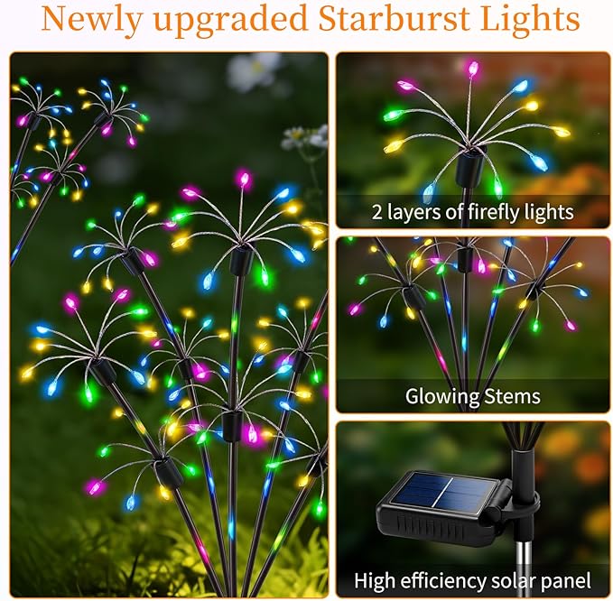VOOKRY Solar Garden Lights Outdoor, 4 Pack Multicolor Fairy Firework Lights | Waterproof Starburst Fairy Light, Garden Decor for Yard Patio Pathway Lawn, Unique Gifts for Women Mom, Christmas Decorations