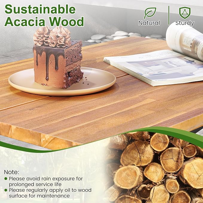 HAPPYGRILL Acacia Wood Picnic Table Bench Set, Dining Table and Bench Set with Heavy Duty Metal Frame, for Patio Porch Garden and Backyard