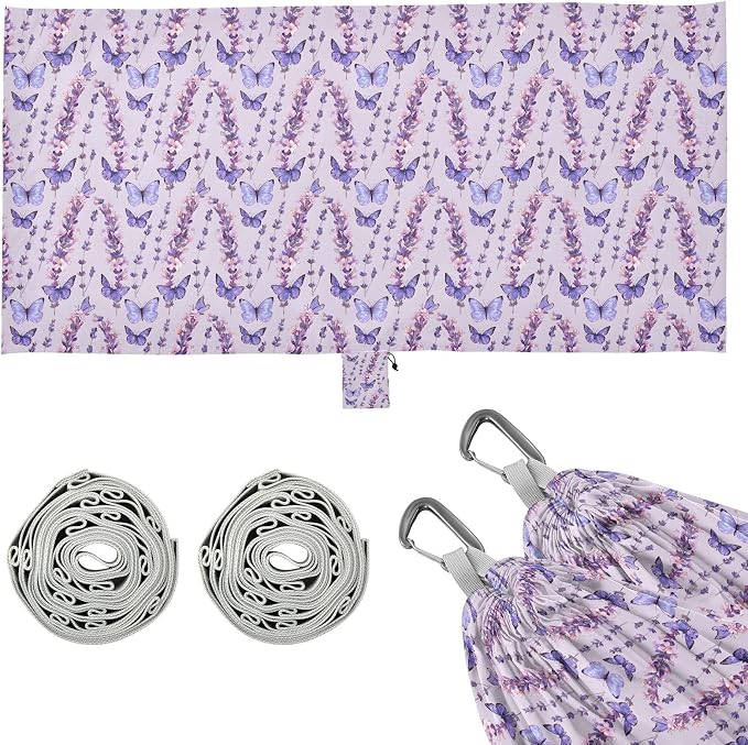 Camping Hammock Outdoor Hammocks for Outside Purple Butterfly Lavender Flower Beach Trees Portable Lightweight with Pockets Tree Straps Indoor