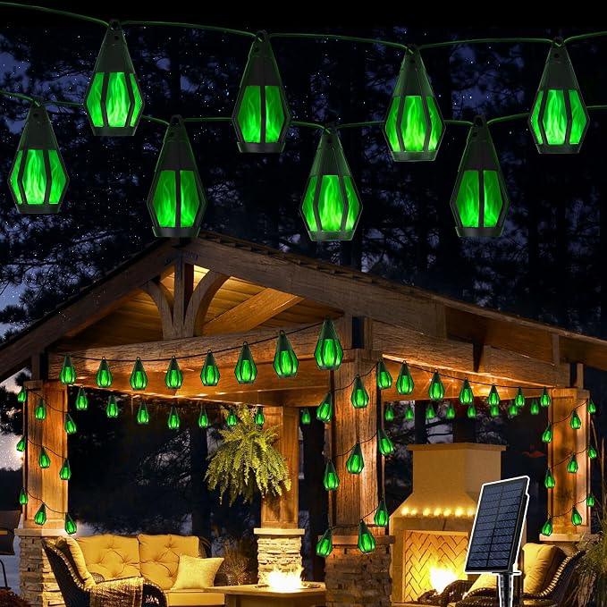 Solar String Lights for Outside, 21Ft Solar Patio Lights with 10 Flickering Flame Light Bulbs, Waterproof Green Solar Powered Outdoor Lights for Garden Yard Patio Gazebo Bistro Cafe Porch Party Decor