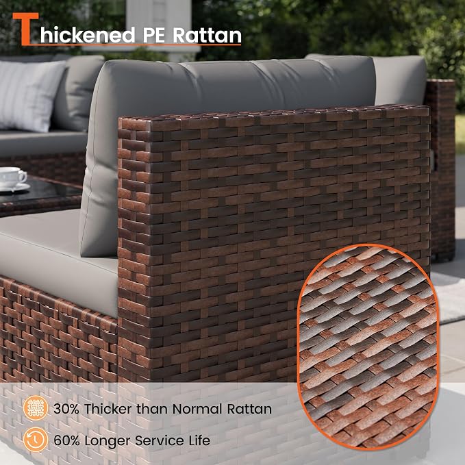 8 Piece Patio Furniture Set with 44" Fire Pit Table, Outdoor Sectional Wicker Rattan Sofa Set with Coffee Table (Grey/Brown)