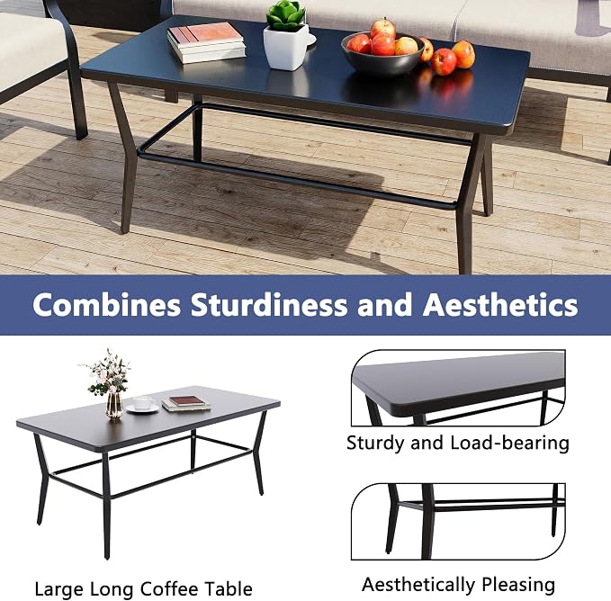 Kurapika Aluminum Patio Furniture Set 5-Seat Modern Outdoor Conversation Sets w/2 Ottomans with Rectangular Coffee Table, Sand