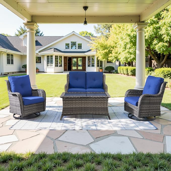 Belord 7 Piece Wicker Patio Furniture Set, Outdoor Swivel Rocker Chairs Set of 2 with Ottomans and Loveseat, All Weather Patio Conversation Furniture Set, for Pool,Yard,SunroomGray Wicker/Blue