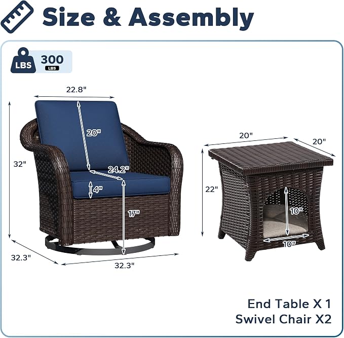 Outdoor Wicker 360 Degree Swivel Glider Rocker Chairs Set of 2 with Cat House Side Table, Patio Conversation Furniture Set with Washable Cushions for Garden, Poolside (Navy Blue)