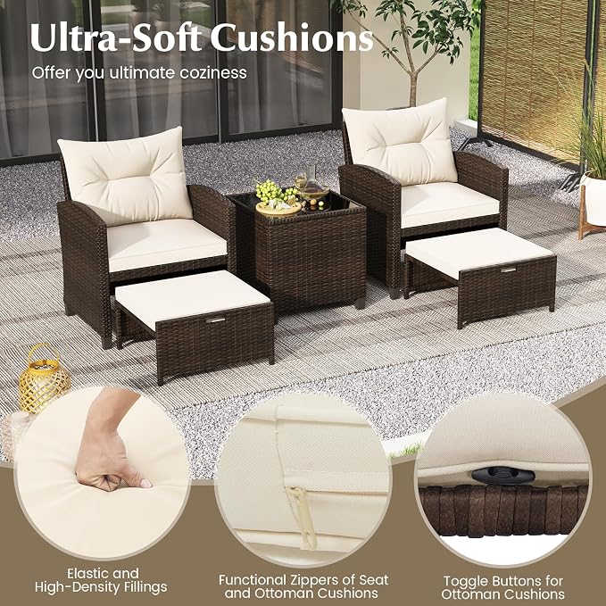 COSTWAY 5-Piece Rattan Conversation Set, Outdoor Wicker Sofa, Tempered Glass Coffee Table & Ottomans for Small Space, Boho Chic Indoor/Outdoor Furniture Set for Poolside, Backyard, Deck (White)