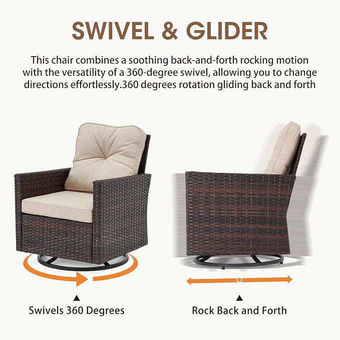 AVAWING 5 Pieces Patio Furniture Set, Wicker Swivel Glider Chairs with 2 Ottomans and 1 Side Table, Patio Chairs with Waterproof Blue Cushions for Garden, Backyard and Porch,