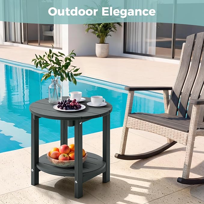 Outdoor Side Table, Adirondack Round 2-Tier Patio Table, Easy Maintenance & Weather Resistant, HDPE End Table for Backyard, Pool, Patio, Porch, Gray