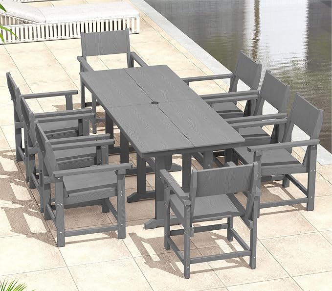 9-Piece Outdoor Dining Set, HDPE Weatherproof Patio Table and Chairs Set for 8, Outdoor Patio Furniture Sets with Umbrella Hole for Outside, Deck, Backyard, Garden (Grey)