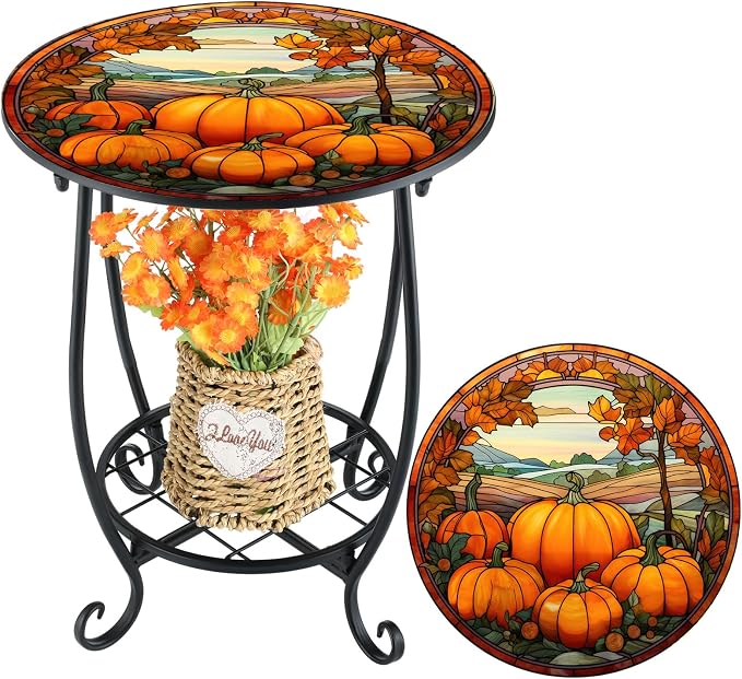Cinnvoice Outdoor Side Table Round Small Mosaic Patio Accent Indoor End Plant Coffee Tea Table for Yard Patio Porch Garden Living Room, Bedroom(Pumpkin Style,14 Inch)