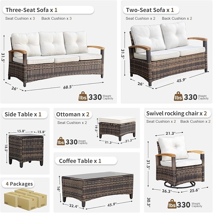 MEISSALIVVE 8 Pieces Patio Furniture Sets, PE Wicker Outdoor Conversation Sets with 2 Wood Armrests Swivel Rocker Chairs, 2 Ottomans, 2 Sofas and Coffee Table(Beige)