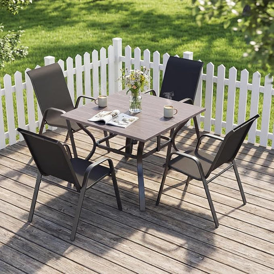 5 Pieces of Outdoor Dining Set - Square Patio Table with Umbrella Hole and 4 Stackable Dining Chairs All-Weather for Garden, Deck, and Poolside (Natural, 38“L x 38“W x 28"H Square Dining Table)