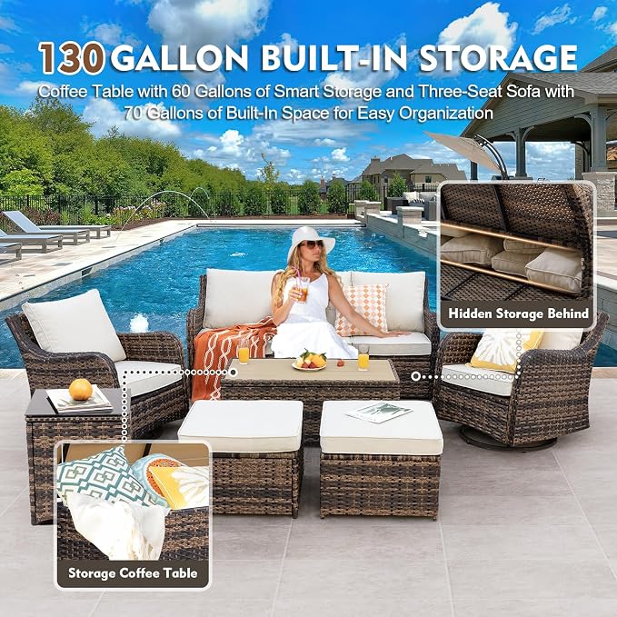 MEISSALIVVE 7 Pieces Patio Furniture Set with Swivel Chair, Outdoor Patio Conversation Set, Patio Sectional Furniture Set with 2 Swivel Rocker Patio Chair and Sofa, 2 Ottomans and Coffee Table (Brown)