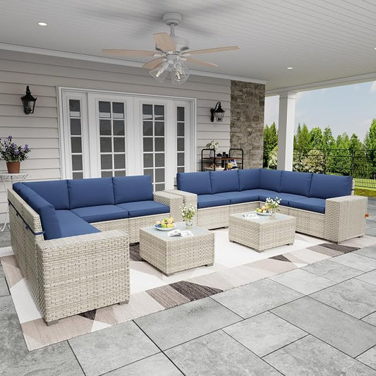 12 Piece Patio Furniture Set, 9.8" Wide Arm Sectional Sofa with Storage Armrests, All-Weather Rattan Outdoor Conversation Set for Garden, Porch, Lawn, Backyard, Balcony, Blue