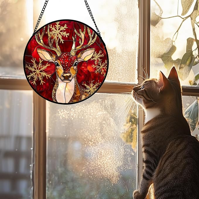 DASTOLL Stained Glass Window Hanging 4 Pcs Set Red Golden Snowflakes 6.3" - Christmas Elk Rabbit Suncatcher Door Garden Sun Catcher Decor Birthday for Mom Woman Nana Men