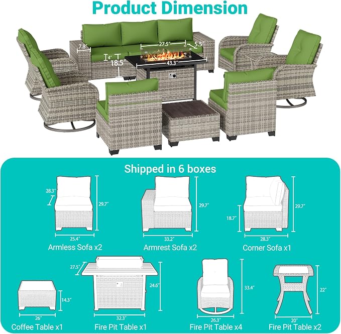 13-Piece Outdoor Patio Furniture Set with Rocking Swivel Chair, PE Wicker Rattan Sectional Sofa Patio Conversation Set with 55,000 BTU Fire Pit Table & Coffee Table, Avocado Green