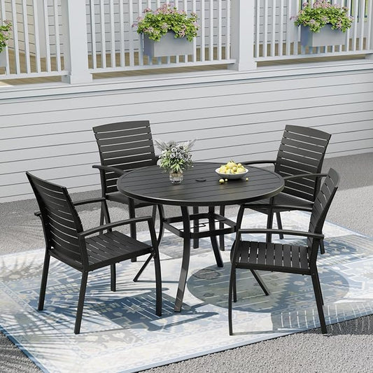 Patio Dining Set, 41" Outdoor Metal Table and 4PCS Aluminum Chairs | Round Patio Table, 1.6" & 1.9" Adjustable Umbrella Hole, Patio Dining Chair with Resin Seat and Aluminum Frame