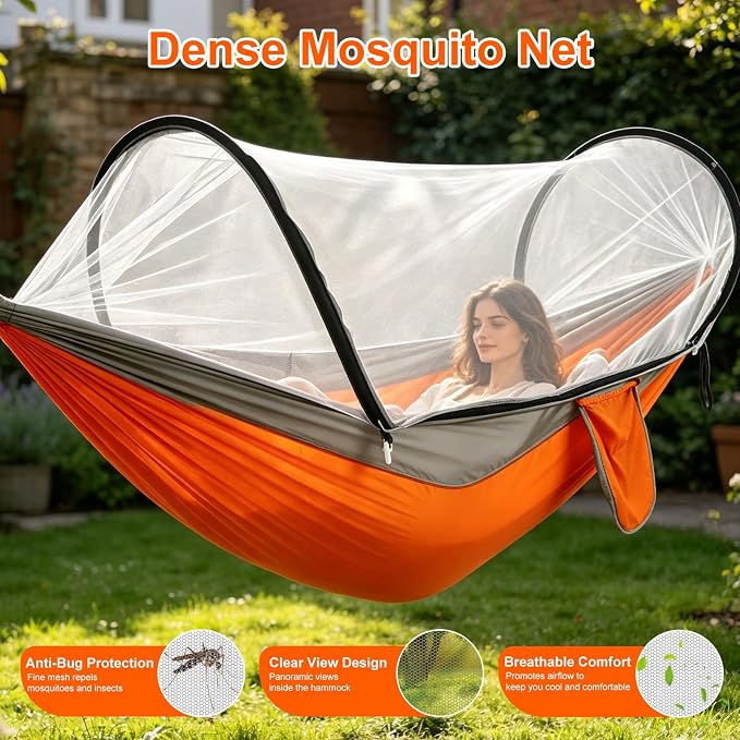 Camping Hammock with Mosquito Net, 3 in 1 Portable Hammock Tent 440lbs Capacity Attached Storage Pocket Single Nylon Hammock Set for Outdoor Travel Camping Hiking Backpacking (Orange Grey)