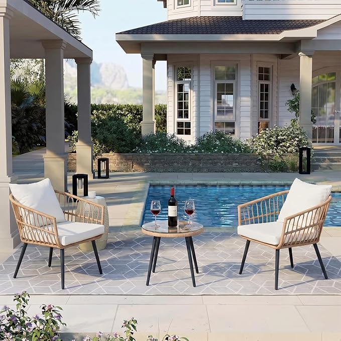 3-Piece Outdoor Patio Bistro Set, Wicker Chairs with Cushions, PE Rattan All-Weather Conversation Set with Coffee Table for Balcony, Porch, Backyard, Poolside, Garden, Deck, Khaki