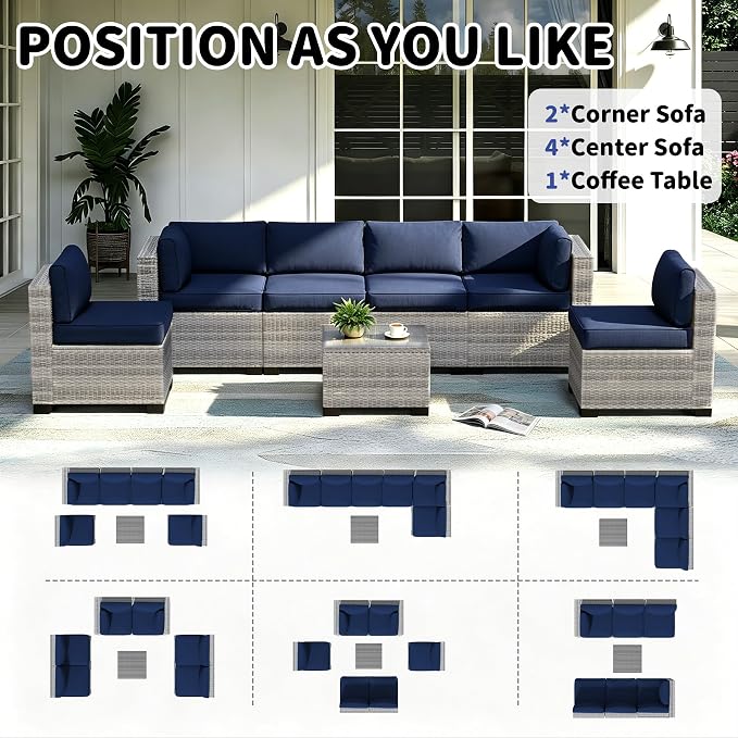 YLGJ&TIDY 7-Piece Outdoor Sectional Patio Furniture Set, All-Weather Wicker Rattan Sofa w/Thick Washable Cushions & Tempered Glass Table, Perfect for Garden, Poolside, Backyard (7, Gray White&Blue)