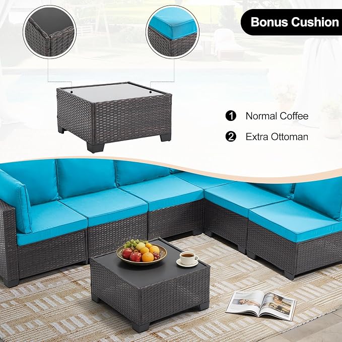 CANMOV 5 Pieces Patio Furniture Sets, All Weather Outdoor Patio Conversation Set, Wicker Rattan Sectional Sofa Couch Glass Coffee Table and Washable Cushions for Backyard Garden, Porch, Peacock Blue