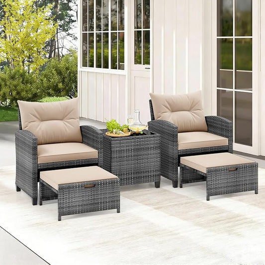 COSTWAY 5-Piece Rattan Conversation Set, Outdoor Wicker Sofa, Tempered Glass Coffee Table & Ottomans for Small Space, Boho Chic Indoor/Outdoor Furniture Set for Poolside, Backyard, Deck (Beige)
