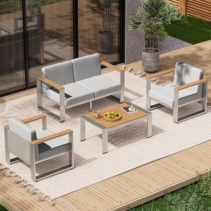 Aluminum Patio Furniture Set, 5 Seats Outdoor Patio Conversation Sets with Ergonomic Seat and Wide Washable Thick Cushions, Modern Outdoor Sectional Furniture for Balcony, Porch