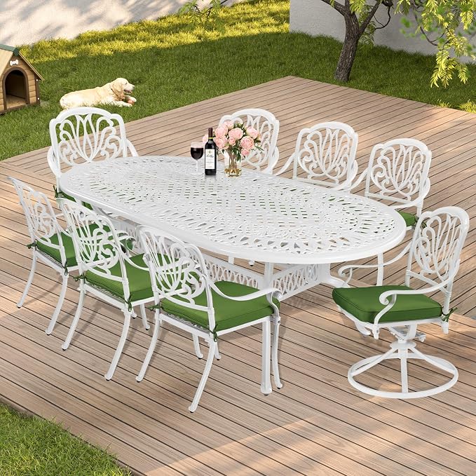 MEETWARM 84"x44" Cast Aluminum Patio Dining Table, Weather-Resistant Large Outdoor Dining Table for 8 Person, Patio Furniture Oval Table with Umbrella Hole and Adjustable Foot Pads, White