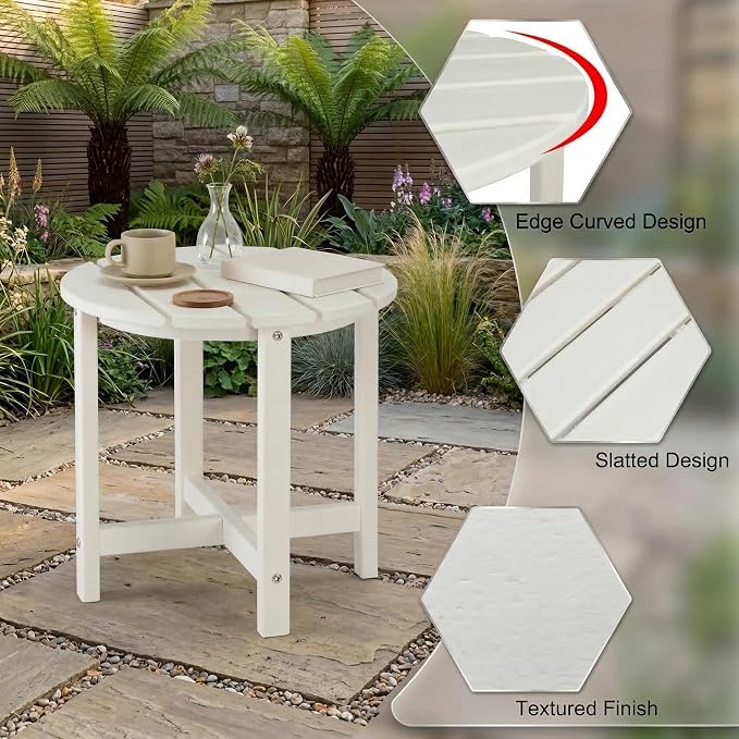 18 Inch Round HDPE Side Table, All-Weather Outdoor End Table for Adirondack Chairs, Waterproof and UV Resistant Plastic Patio Side Table for Garden, Backyard, Poolside, White