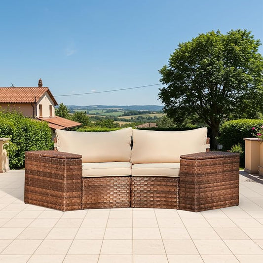 ECOTOUGE Patio Furniture Set, 4 Piece Half-Moon Sectional Round Patio Furniture Set, Wicker Cushion Sofa with 2 Storage Side Table for Pool Backyard Patio Garden(Beige/Brown)