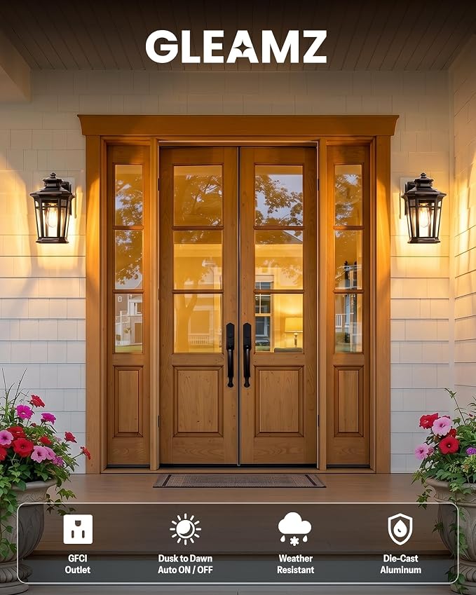 Gleamz Large Exterior Lighting Fixtures with GFCI Outlet, Oil Rubbed Bronze Dusk to Dawn Outdoor Lighting, Outdoor Porch Light for House, Garden, Doorway, Garage, Waterproof, Anti-Rust