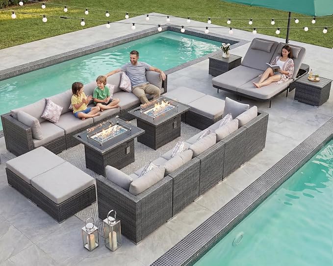 NICESOUL 20 Piece Patio Furniture Set with Fire Pit, Luxury Large Size Outdoor Patio Set with Fire Pit and Lounger, Extra Large 16-Seater High Back Outdoor Seating Sectional, Light Gray