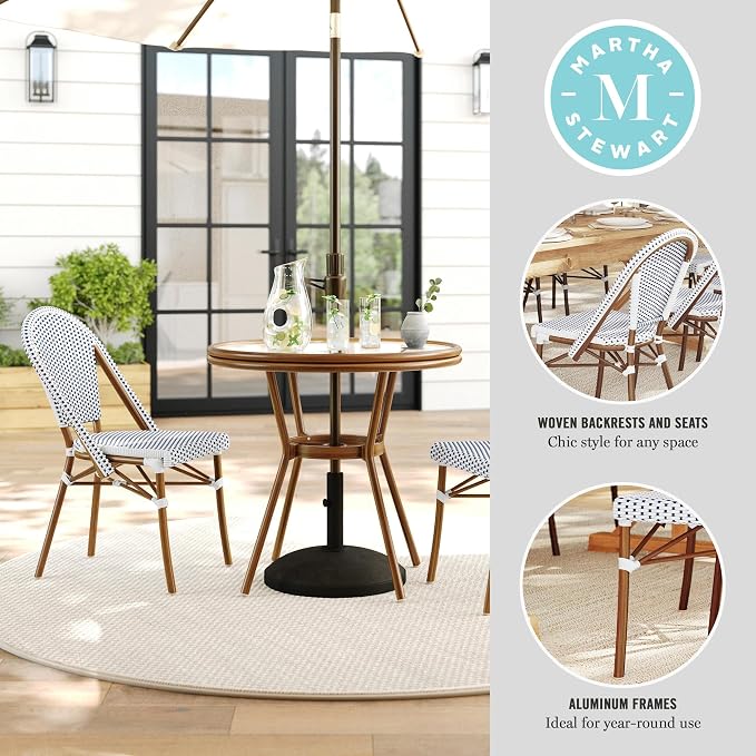 Martha Stewart Lily Pond 31” Round Indoor-Outdoor Bistro Dining Table with Aluminum Frame in Natural Woodgrain and Rattan Top in White/Navy with Tempered Glass Top