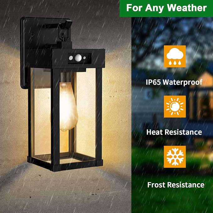 Auzev Outdoor Solar Wall Lights Fixtures Exterior Solar Wall Lantern | Wall Mount Motion Sensor 3 Lighting Modes Modern Sconce Waterproof Outside Lamp for House Garage (Black-1P)