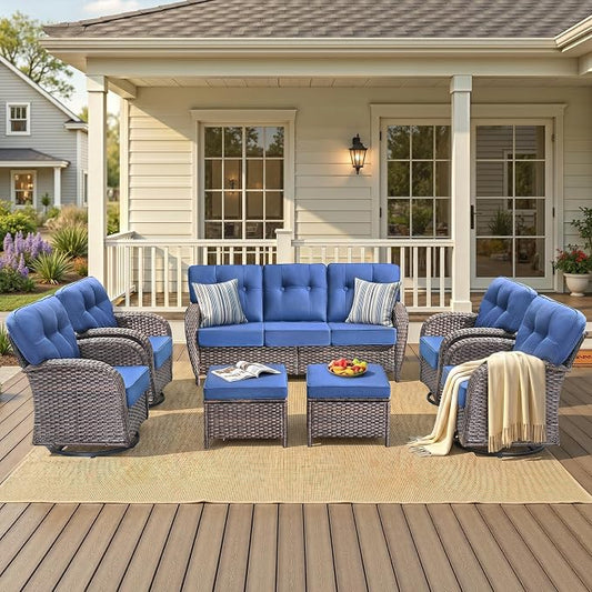 7-Piece Wicker Patio Furniture Set with 5-Inch Thick Cushions Weather Resistant Rattan High Back Swivel Rocker Chairs Senior Friendly Conversation Set for Small Porch Deck Sunroom Brown/Blue