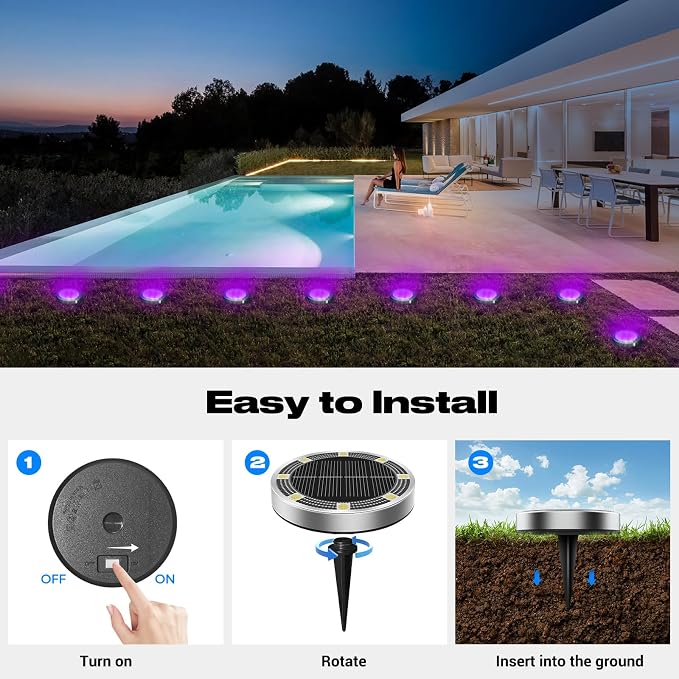 Solar Ground Lights Outdoor, 8 Pack Flat Solar Powered Disc Lights, IP68 Waterproof, Anti-Rust, Landscape Lighting for Pathway Garden Yard Lawn Walkway Landscape Driveway, Purple