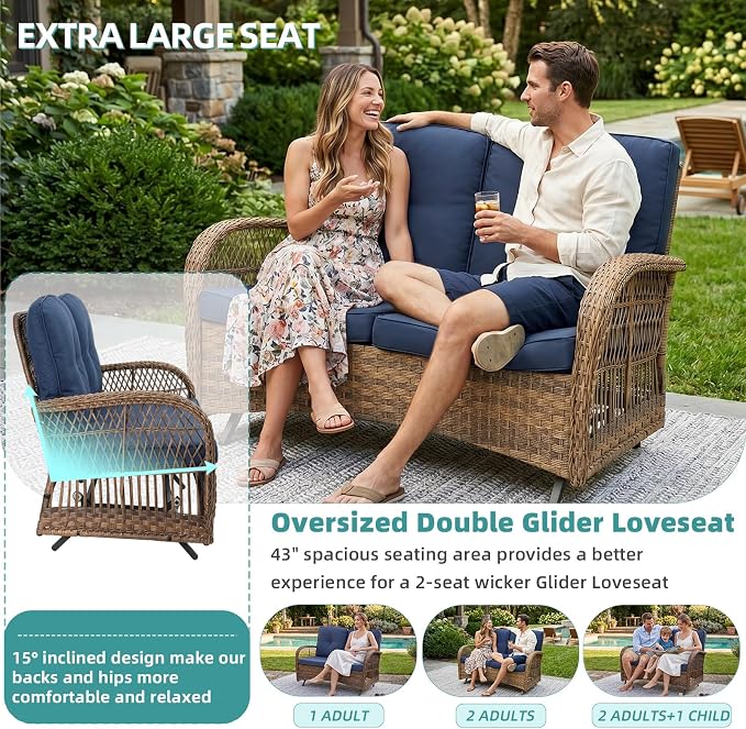 MEETWARM Outdoor Wicker Patio Glider Set, Loveseat for 2 Person Porch Furniture Glider with Glass-Top Coffee Table, Patio Glider Rocking Bench with Thickened Cushions, Navy Blue