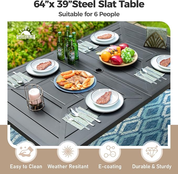 SUNSHINE VALLEY Patio Dining Set for 6, 64" Rectangular Metal Dining Table with Umbrella Hole and 6 Chairs, Outdoor Table and Chairs Set for Lawn Garden Backyard and Deck, Brown