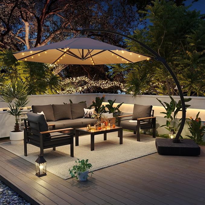 Aoxun Aluminum Patio Furniture Set with Umbrella 5 Seats, Oversized Outdoor Sectional with Washable Thick Cushions, Coffee Table, Patio Conversation Sets for Porch, Balcony, Deck
