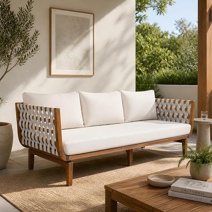Merax Patio Rope Woven 3-Seater Sofa, Outdoor Acacia Wood Sofa Daybed with Water Repellent Fabric Cushion and Sturdy Base for Porch, Lawn, Backyard, Balcon, Teak+ Beige