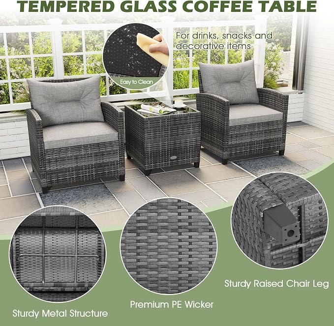 ORALNER Patio Furniture Set, 3 Pieces Outdoor Wicker Conversation Set, Rattan Chairs with Soft Cushions, Glass Coffee Table, Patio Bistro Set for Balcony Garden Deck Front Porch Poolside (Gray)