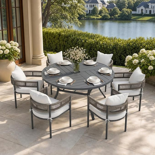 VICLLAX Patio Dining Set, 53.1" Dark Grey Table & 6 Chairs with Wheat Cushion